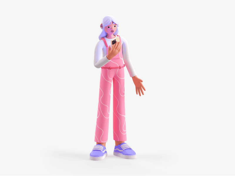 3D illustration of a girl standing and looking at her phone