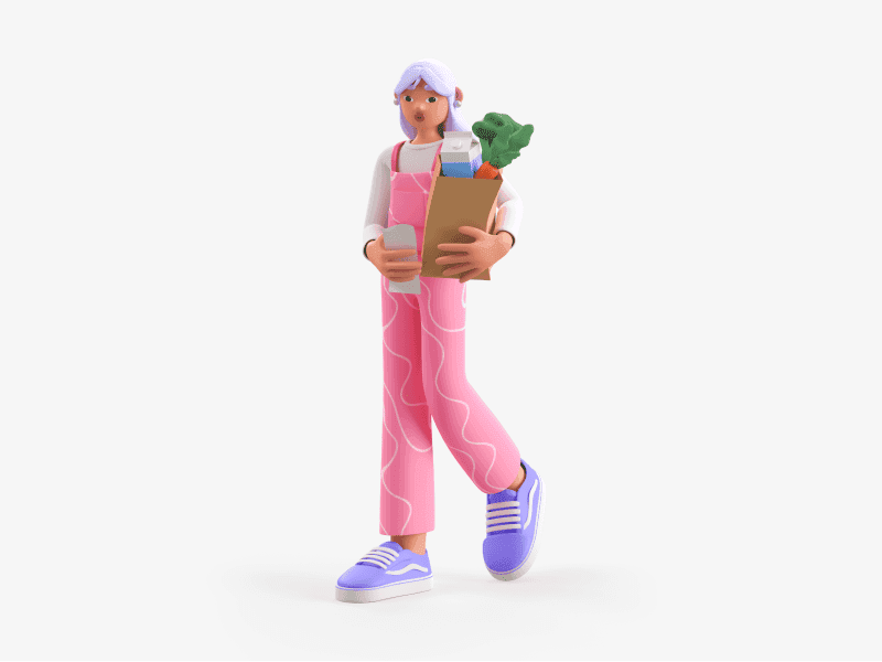 3D illustration of a girl carrying a grocery bag with vegetables