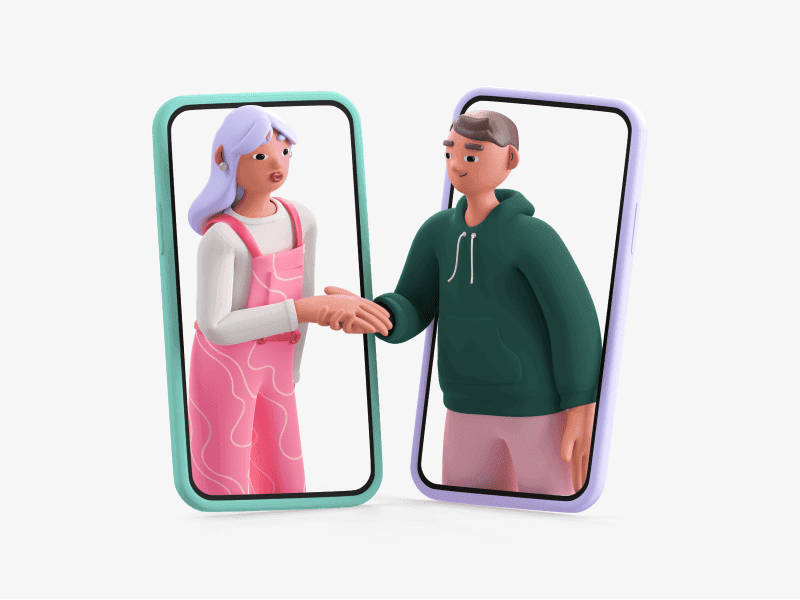 3D illustration of a girl and a boy meeting through a video call screen