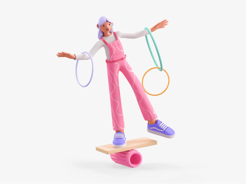 3D illustration of a girl balancing on a board with colorful hoops, angled view