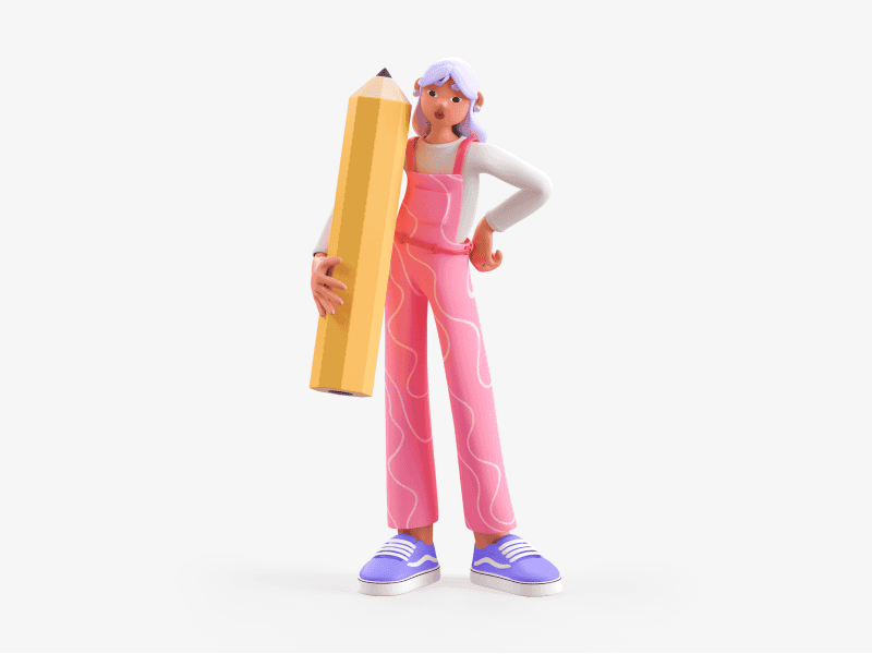 3D illustration of a girl holding a large pencil