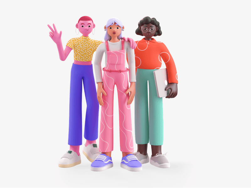 3D illustration of a group of girls standing together and waving