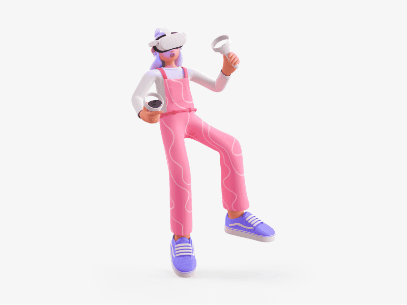3D illustration of a girl wearing VR headset and holding controllers
