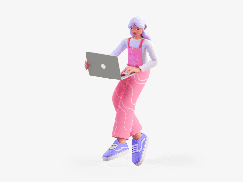 3D illustration of a girl walking while using a laptop
