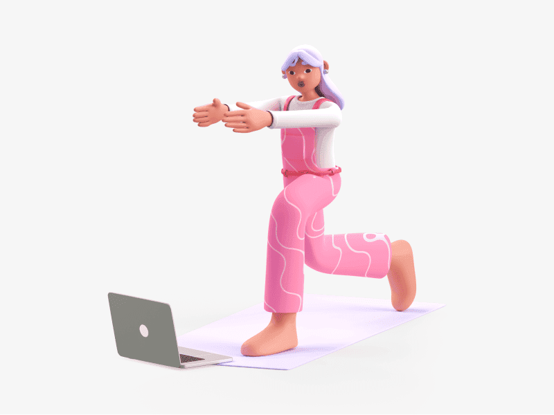 3D illustration of a girl doing a yoga lunge pose on a mat in front of a laptop