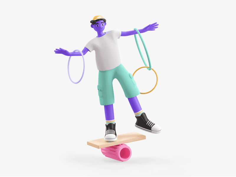 3D illustration of a boy balancing on a board while holding rings 
