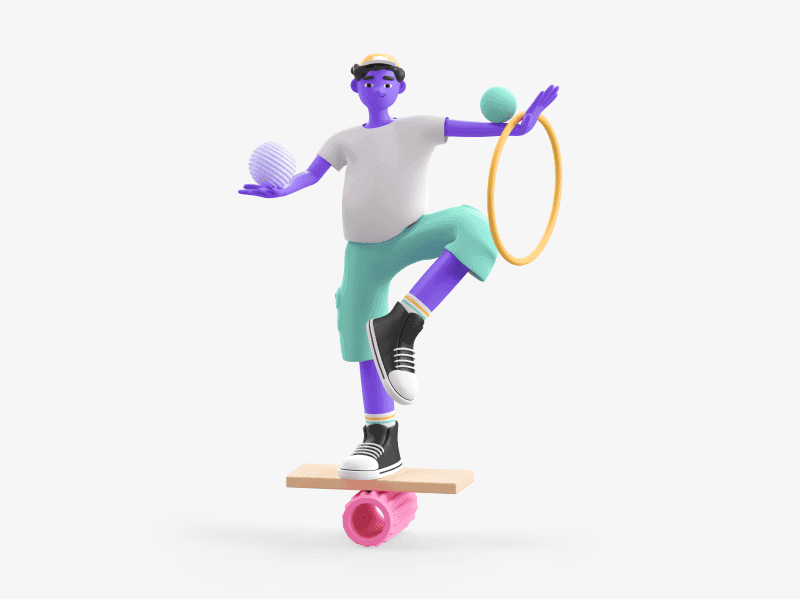 3D illustration of a boy balancing on a board while holding rings
