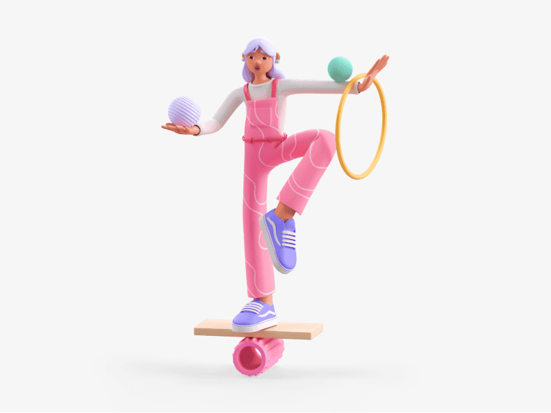 3D illustration of a girl balancing on a board with colorful hoops, front view