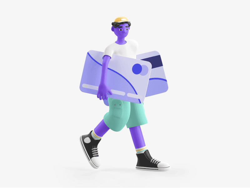 Boy walking while holding two bank cards