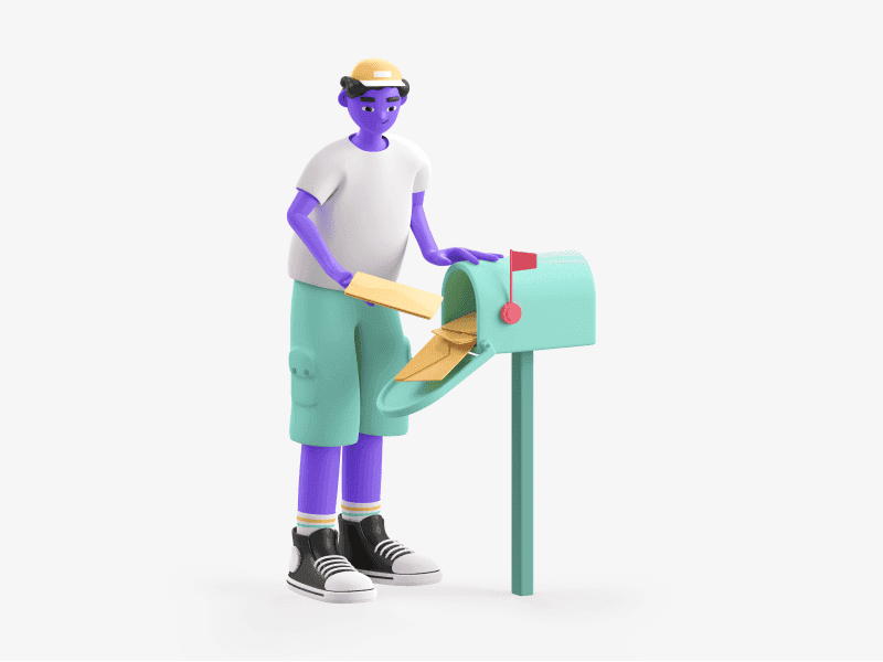 3D illustration of a boy checking mail from a mailbox