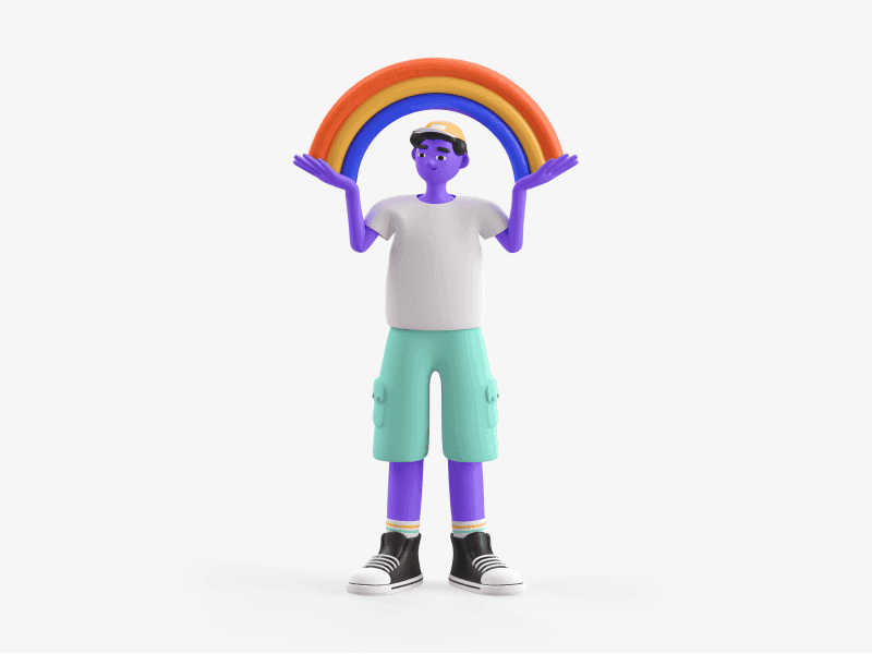 3D illustration of a boy holding a rainbow