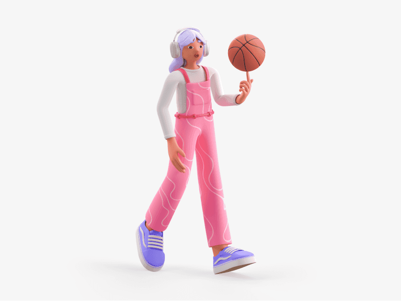 3D illustration of a girl walking while holding a basketball