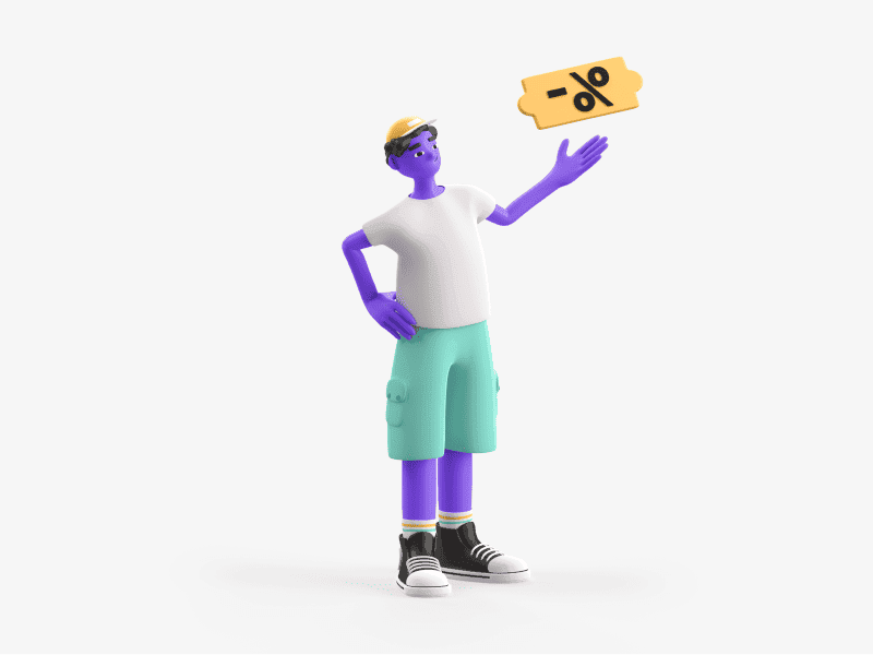 3D illustration of a boy holding a discount sign