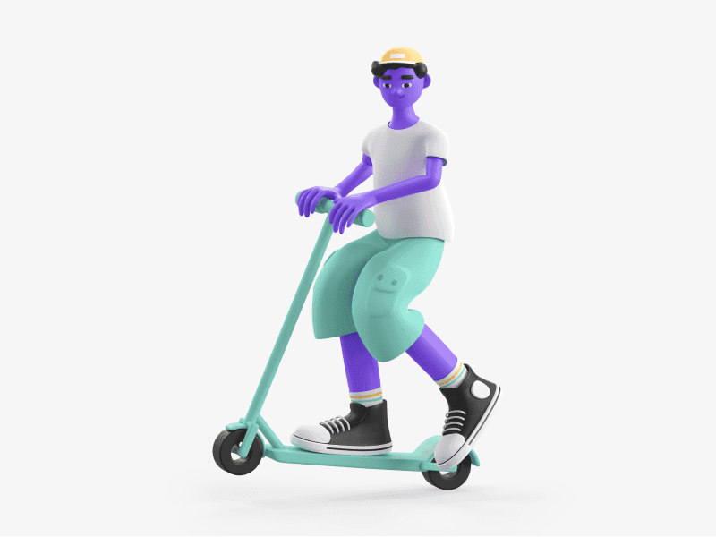 3D illustration of a boy riding a scooter