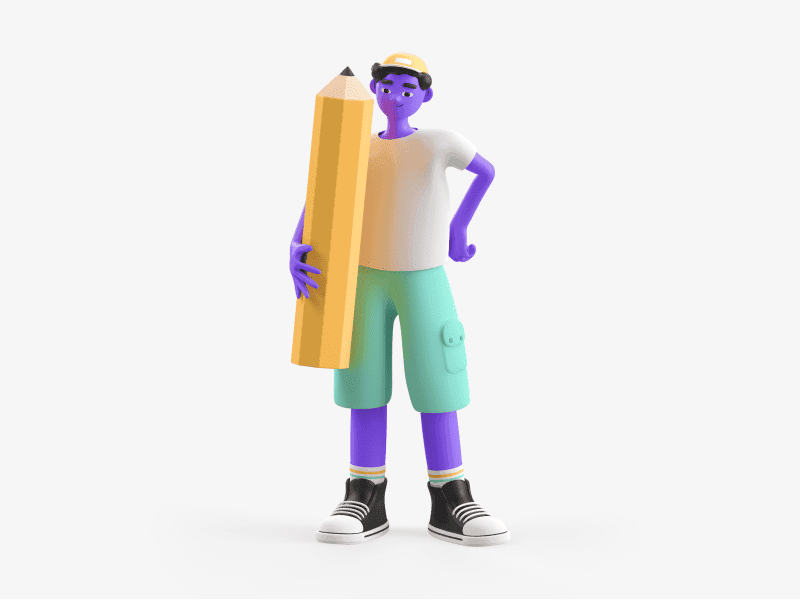 3D illustration of a boy holding a large pencil