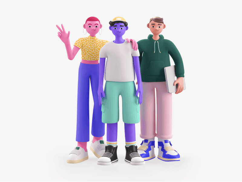 3D illustration of three friends standing together
