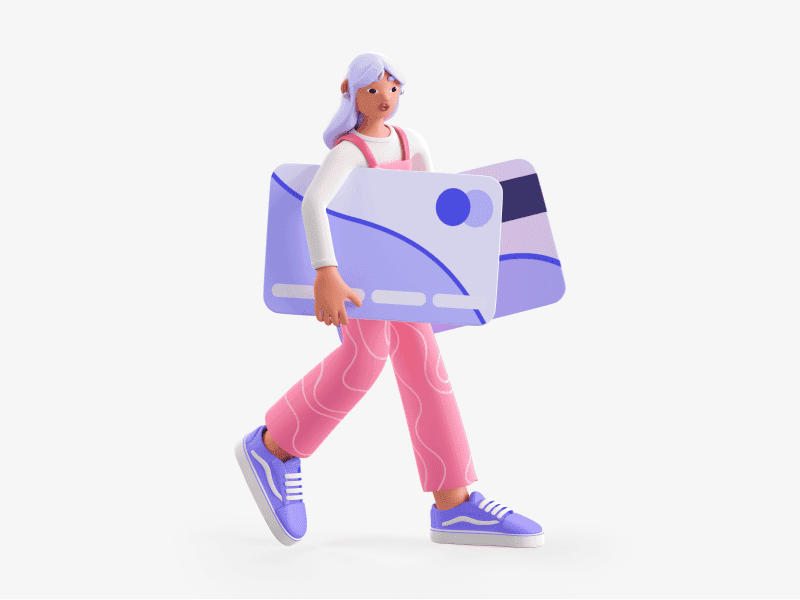 3D illustration of a girl walking while holding large bank cards