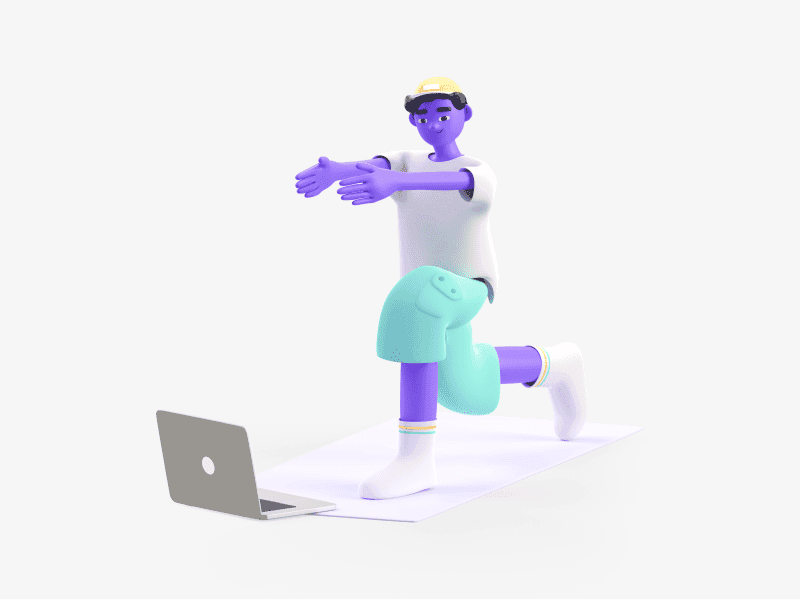 3D illustration of a boy exercising on a mat with a laptop nearby