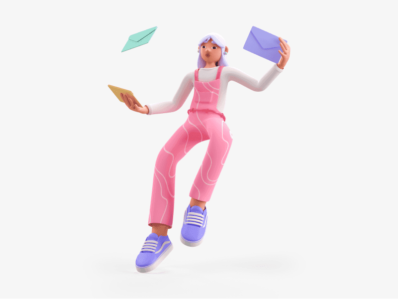3D illustration of a girl tossing envelopes in the air