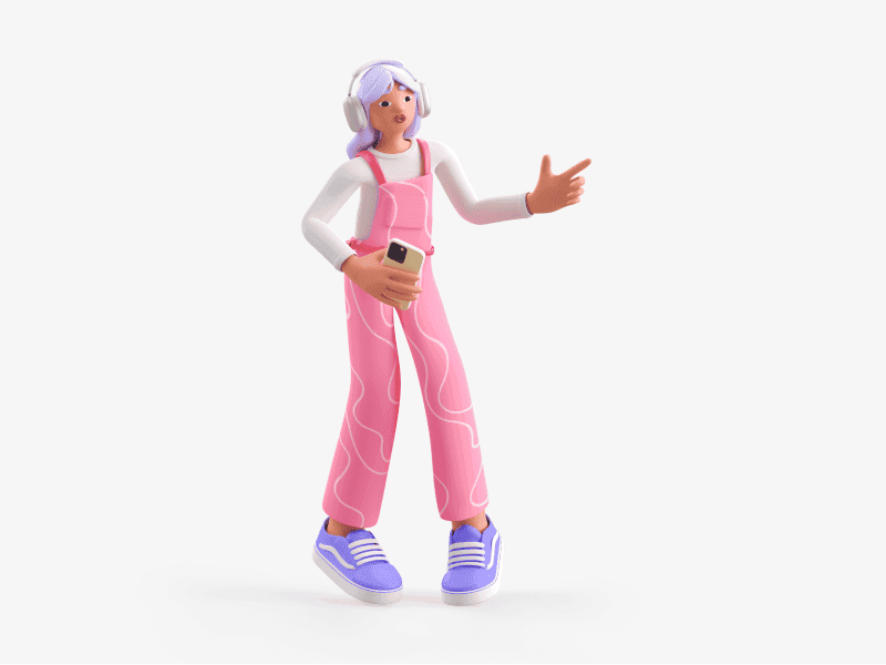 3D illustration of a girl listening to music with headphones