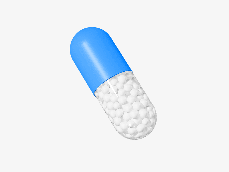 Open capsule with granules shown as a 3D illustration