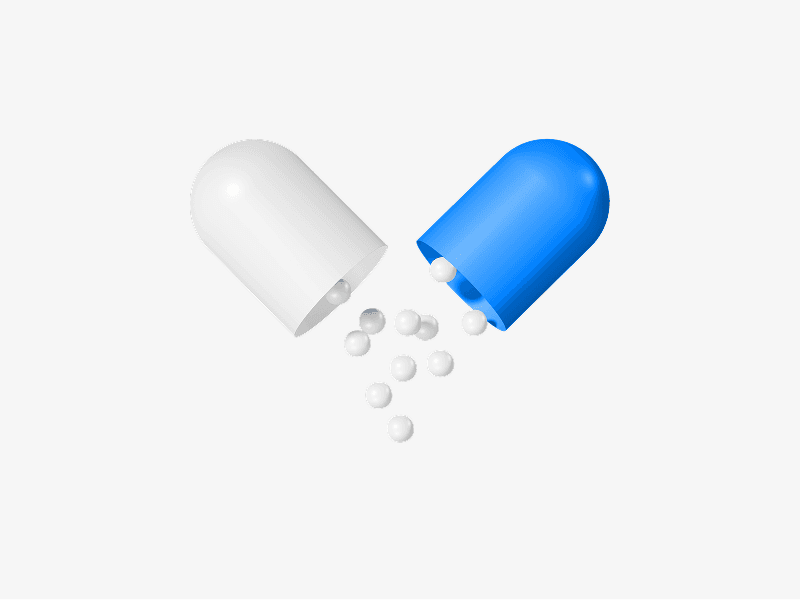 Open capsule releasing small pills shown as a 3D illustration
