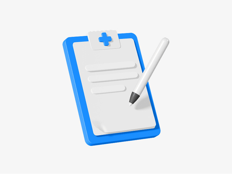 Medical clipboard with pen shown as a 3D illustration