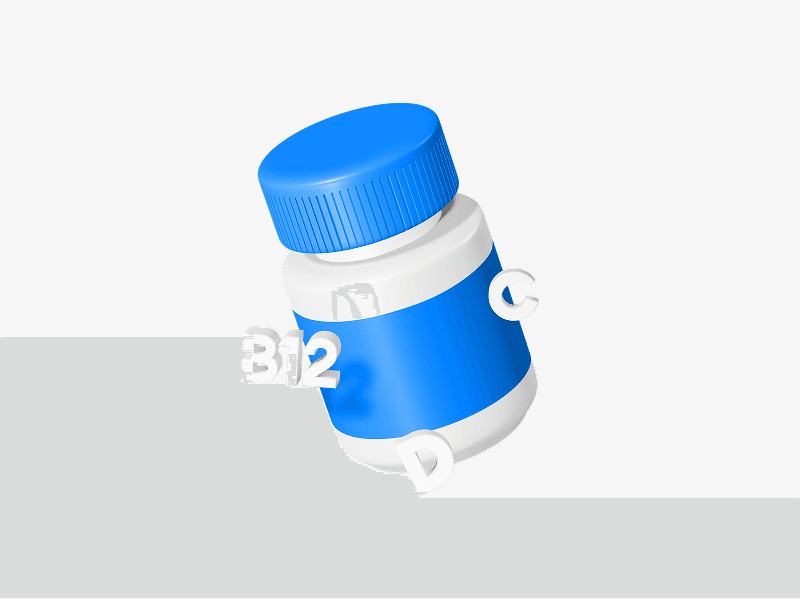 Vitamin medicine bottle shown as a blue 3D illustration