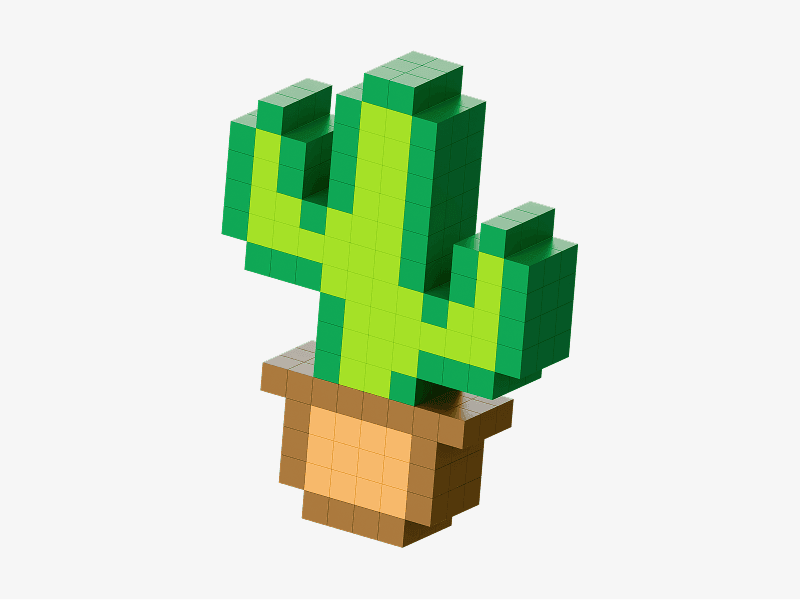 Green pixel cactus in a pot made in 3d cubes
