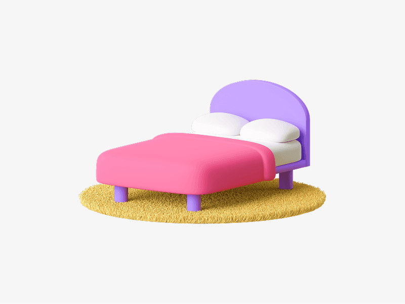Modern bed placed on a round rug shown as a 3D illustration
