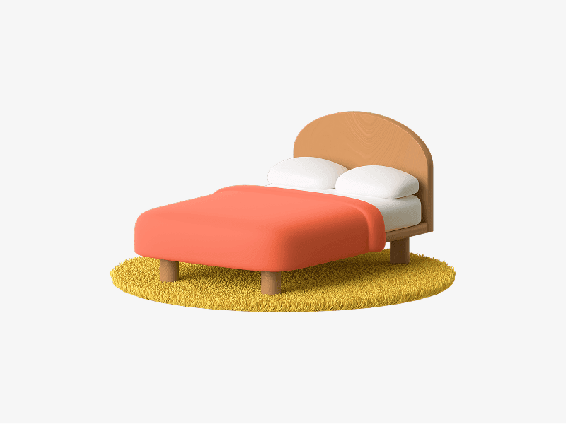 Bedroom interior with bed shown as a 3D illustration