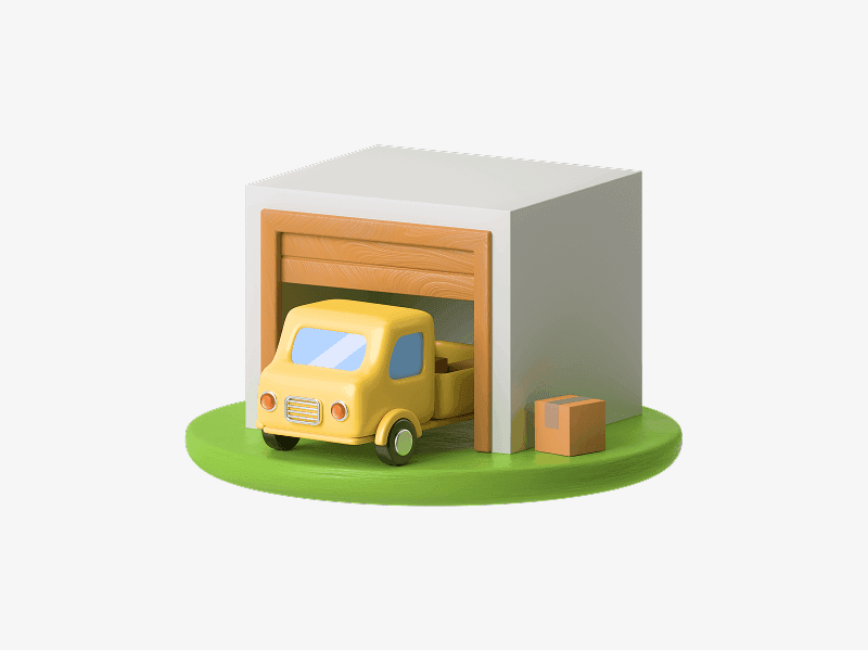 Small garage with a delivery van parked inside shown as a 3D illustration