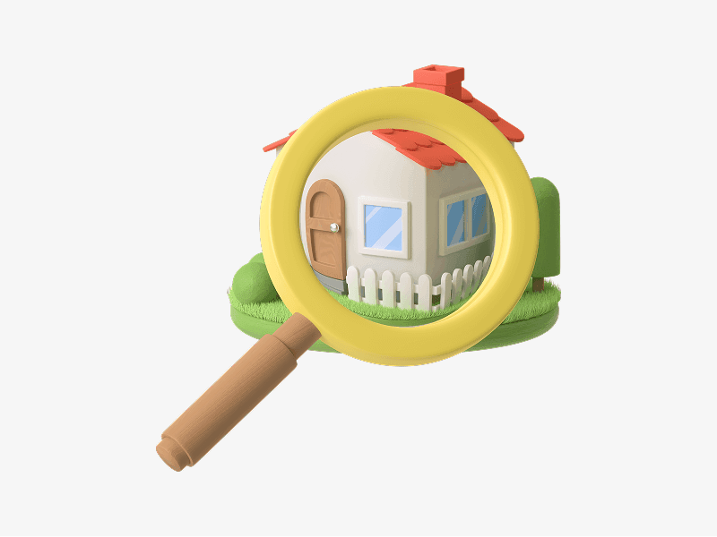 Magnifying glass inspecting a house shown as a 3D illustration