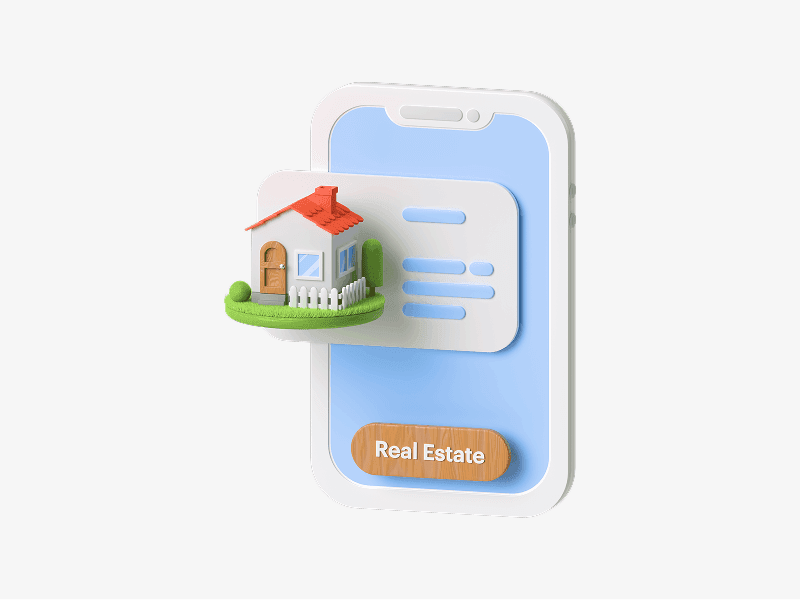 Smartphone showing a property card with a house shown as a 3D illustration