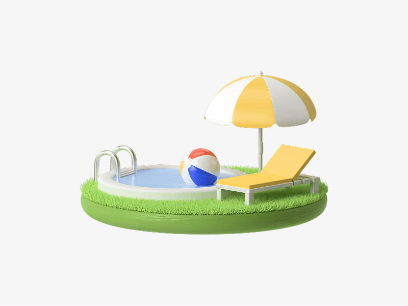 Outdoor pool area with sunbed and umbrella shown as a 3D illustration