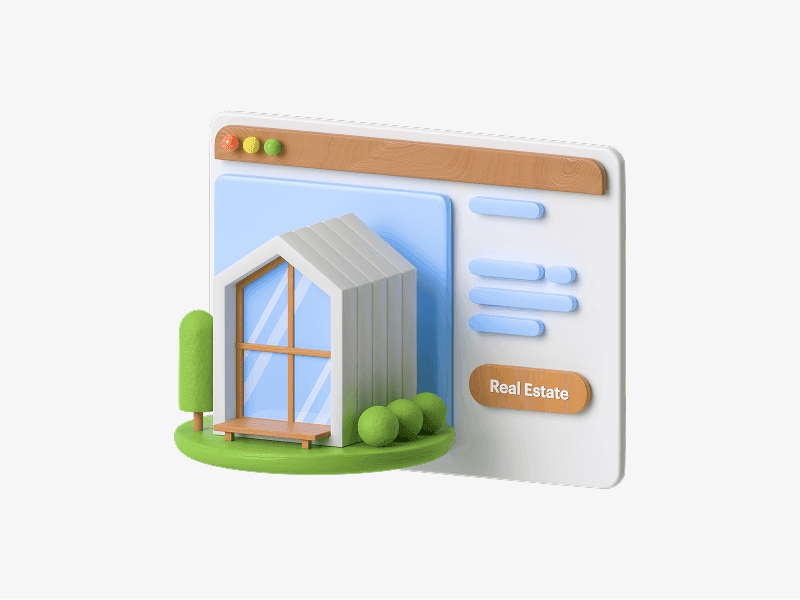 Website listing card with modern house shown as a 3D illustration