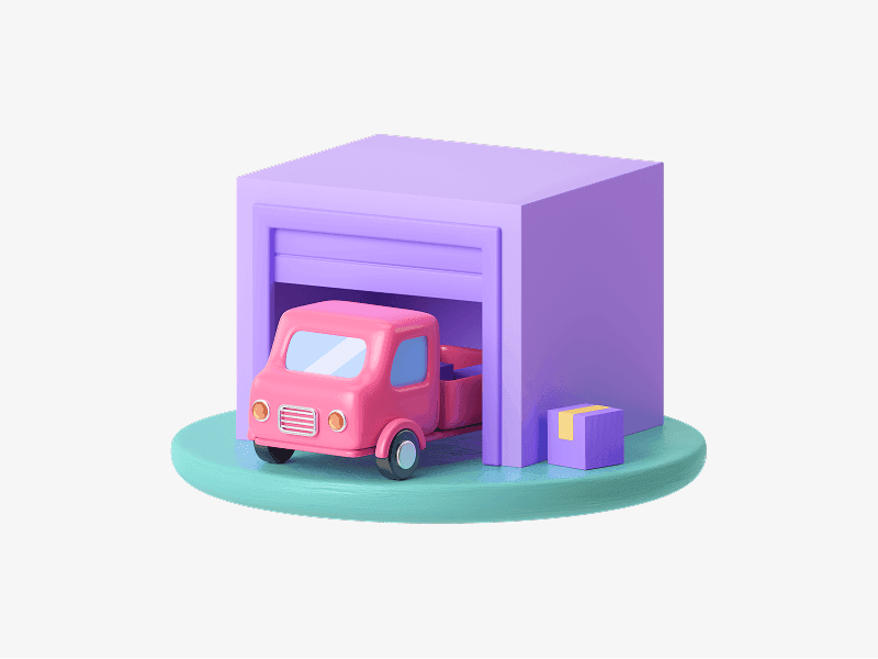 Moving truck inside a garage shown as a 3D illustration