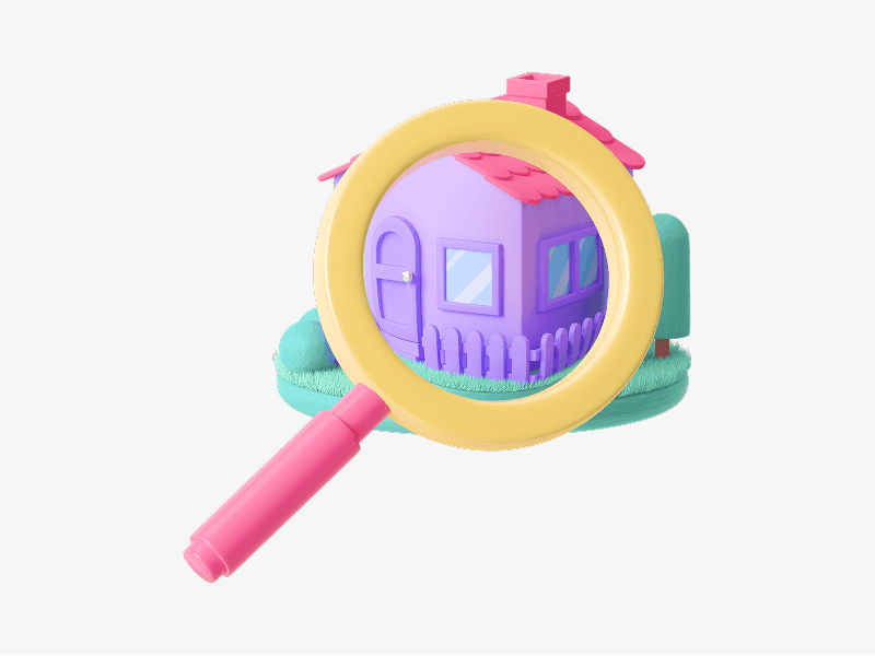 Magnifying glass highlighting a house shown as a 3D illustration