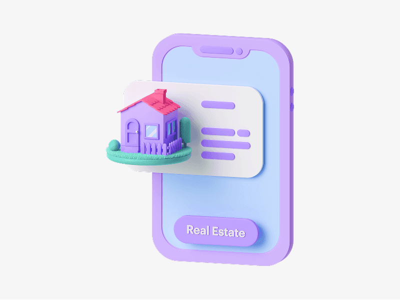 Mobile phone displaying a house listing shown as a 3D illustration