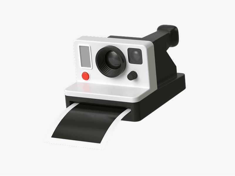 Instant camera printing a photo shown as a retro 3D illustration