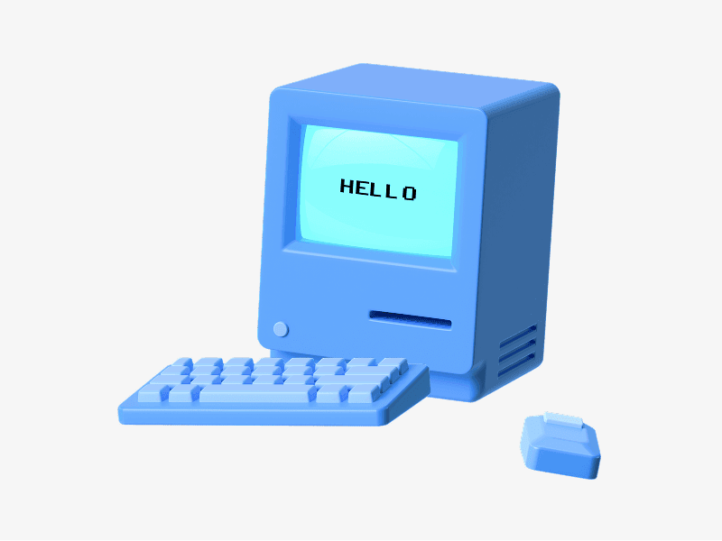 Vintage desktop computer with keyboard shown as a 3D illustration
