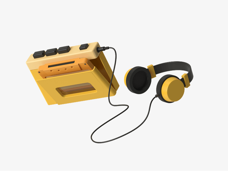 Retro cassette player with connected headphones shown as a 3D illustration