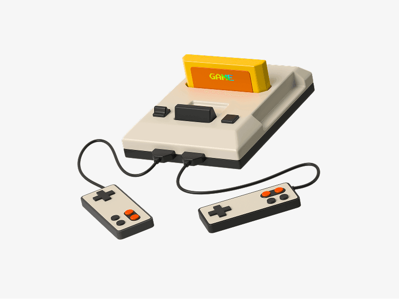 Retro gaming console with two controllers displayed as a 3D illustration