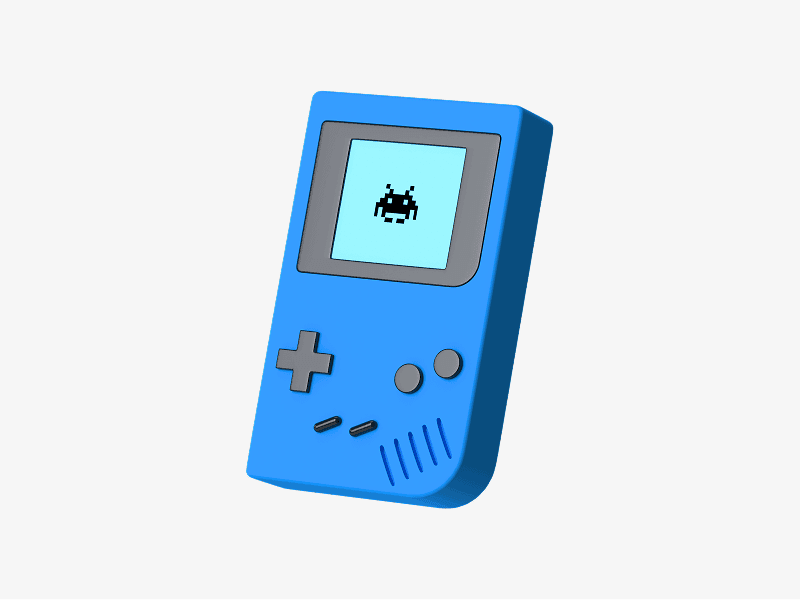 Handheld retro gaming device shown as a colorful 3D illustration