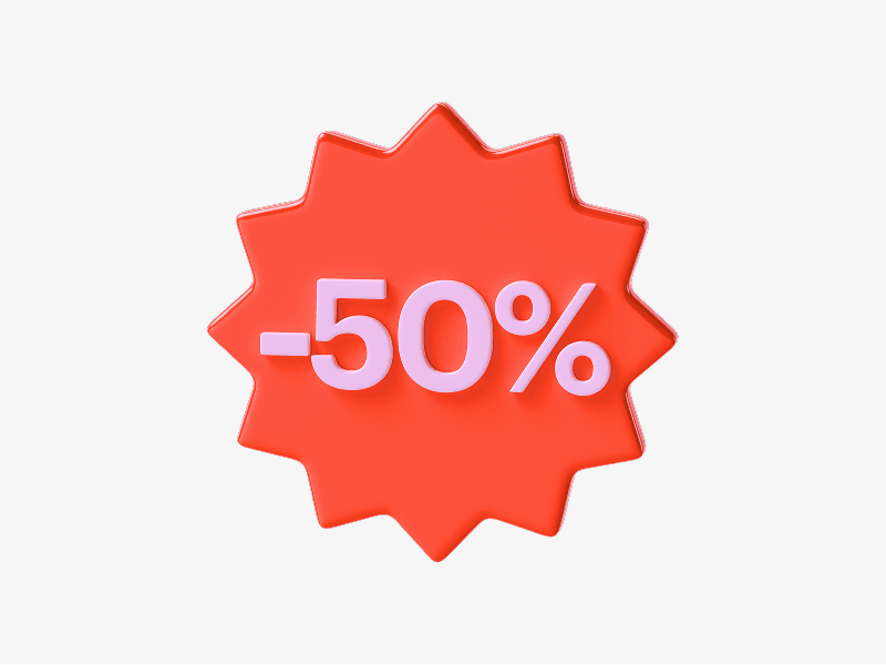 50 percent discount badge displayed as a bold 3D illustration