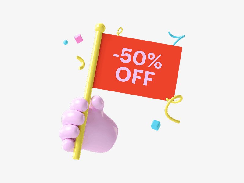 Hand holding a 50 percent off flag shown as a 3D illustration