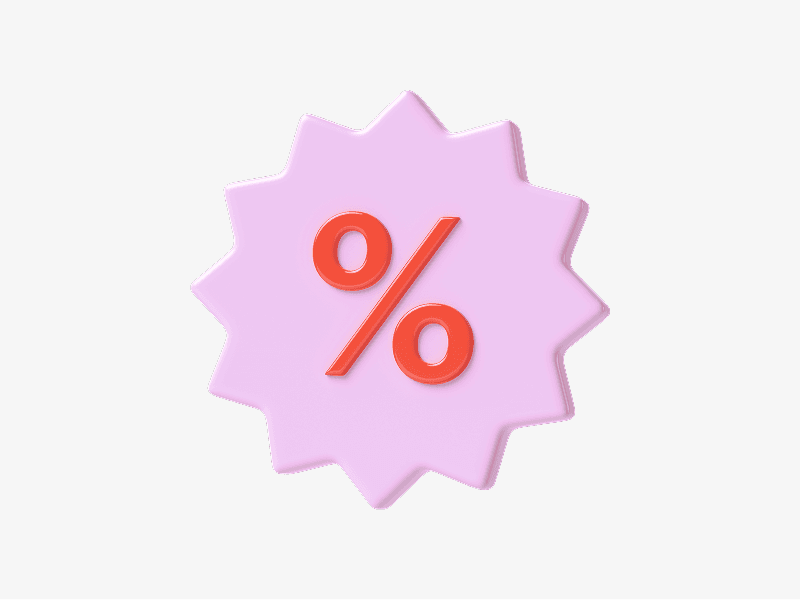 Percent symbol inside a badge shown as a 3D illustration