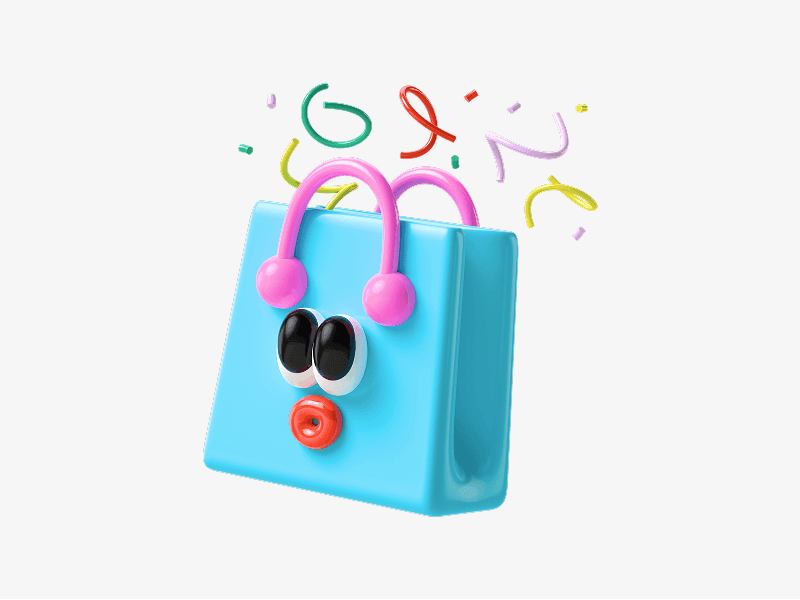 Shopping bag with face and headphones shown as a 3D illustration