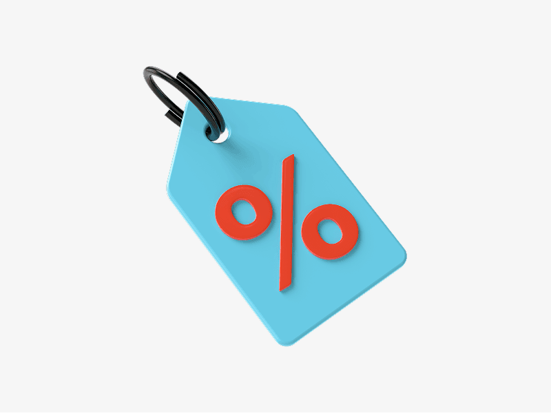 Price tag with percent symbol shown as a 3D illustration