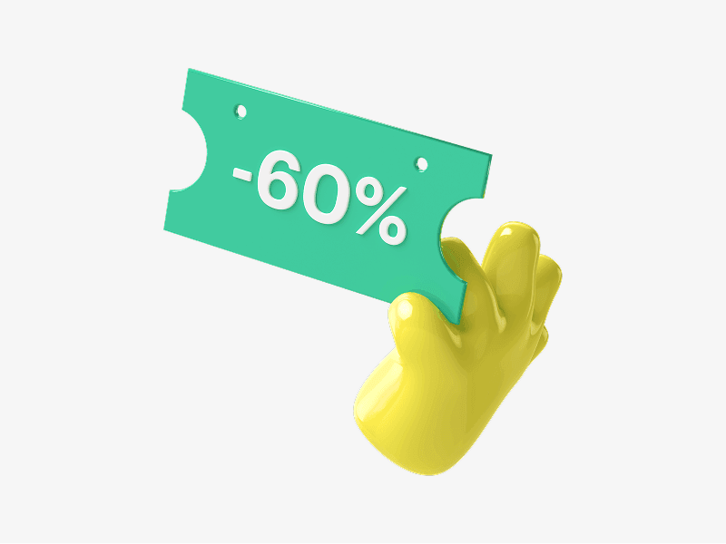 Hand holding a 60 percent discount ticket shown as a 3D illustration
